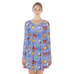 Crabs Pattern Long Sleeve Velvet V-neck Dress