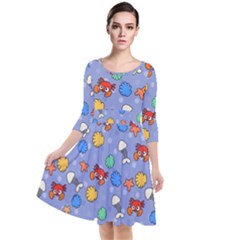 Crabs Pattern Quarter Sleeve Waist Band Dress