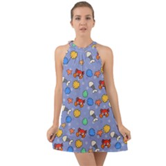 Crabs Pattern Halter Tie Back Chiffon Dress