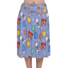 Crabs Pattern Velvet Flared Midi Skirt