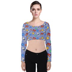 Crabs Pattern Velvet Long Sleeve Crop Top by Valentinaart