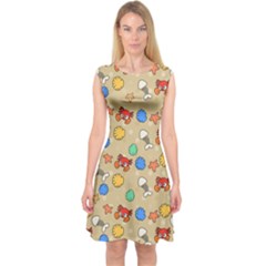 Crabs Pattern Capsleeve Midi Dress