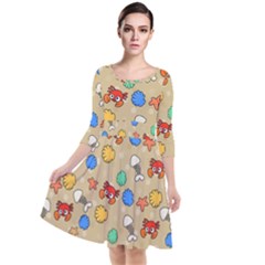 Crabs Pattern Quarter Sleeve Waist Band Dress