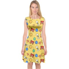 Crabs Pattern Capsleeve Midi Dress