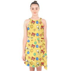 Crabs Pattern Halter Collar Waist Tie Chiffon Dress