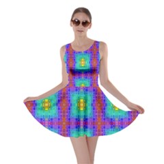 Groovy Green Orange Blue Yellow Square Pattern Skater Dress by BrightVibesDesign