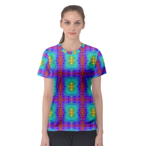 Groovy Green Orange Blue Yellow Square Pattern Women s Sport Mesh Tee by BrightVibesDesign