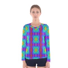 Groovy Green Orange Blue Yellow Square Pattern Women s Long Sleeve Tee