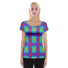 Groovy Green Orange Blue Yellow Square Pattern Cap Sleeve Top