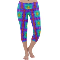 Groovy Green Orange Blue Yellow Square Pattern Capri Yoga Leggings by BrightVibesDesign