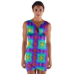 Groovy Green Orange Blue Yellow Square Pattern Wrap Front Bodycon Dress by BrightVibesDesign