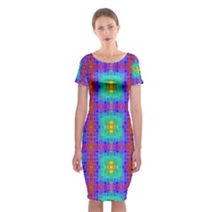 Groovy Green Orange Blue Yellow Square Pattern Classic Short Sleeve Midi Dress by BrightVibesDesign