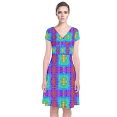 Groovy Green Orange Blue Yellow Square Pattern Short Sleeve Front Wrap Dress by BrightVibesDesign