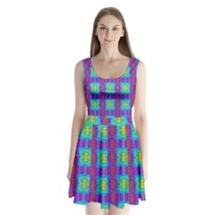 Groovy Green Orange Blue Yellow Square Pattern Split Back Mini Dress  by BrightVibesDesign