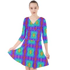 Groovy Green Orange Blue Yellow Square Pattern Quarter Sleeve Front Wrap Dress by BrightVibesDesign