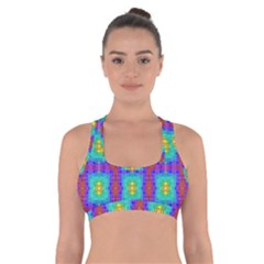 Groovy Green Orange Blue Yellow Square Pattern Cross Back Sports Bra by BrightVibesDesign