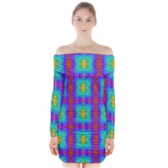 Groovy Green Orange Blue Yellow Square Pattern Long Sleeve Off Shoulder Dress by BrightVibesDesign