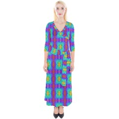 Groovy Green Orange Blue Yellow Square Pattern Quarter Sleeve Wrap Maxi Dress by BrightVibesDesign