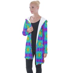 Groovy Green Orange Blue Yellow Square Pattern Longline Hooded Cardigan by BrightVibesDesign