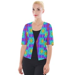 Groovy Green Orange Blue Yellow Square Pattern Cropped Button Cardigan by BrightVibesDesign