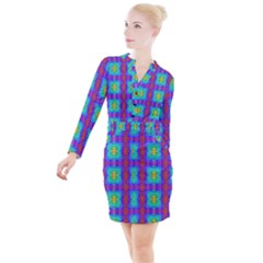 Groovy Green Orange Blue Yellow Square Pattern Button Long Sleeve Dress by BrightVibesDesign