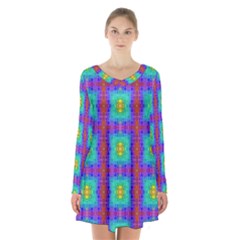 Groovy Green Orange Blue Yellow Square Pattern Long Sleeve Velvet V-neck Dress