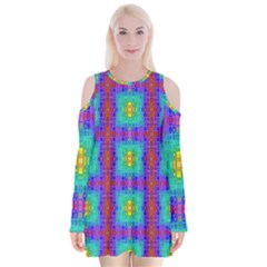 Groovy Green Orange Blue Yellow Square Pattern Velvet Long Sleeve Shoulder Cutout Dress