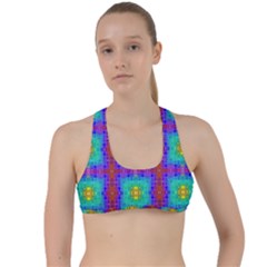 Groovy Green Orange Blue Yellow Square Pattern Criss Cross Racerback Sports Bra by BrightVibesDesign