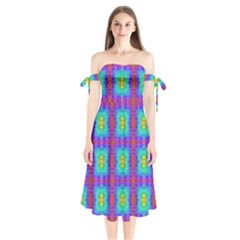 Groovy Green Orange Blue Yellow Square Pattern Shoulder Tie Bardot Midi Dress by BrightVibesDesign