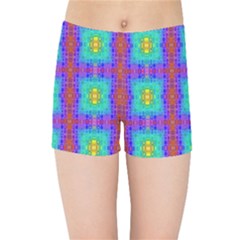 Groovy Green Orange Blue Yellow Square Pattern Kids  Sports Shorts by BrightVibesDesign