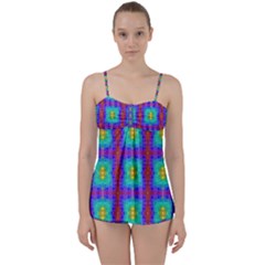 Groovy Green Orange Blue Yellow Square Pattern Babydoll Tankini Set by BrightVibesDesign