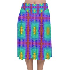 Groovy Green Orange Blue Yellow Square Pattern Velvet Flared Midi Skirt