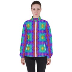 Groovy Green Orange Blue Yellow Square Pattern Women s High Neck Windbreaker by BrightVibesDesign