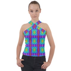 Groovy Green Orange Blue Yellow Square Pattern Cross Neck Velour Top