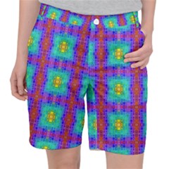 Groovy Green Orange Blue Yellow Square Pattern Pocket Shorts by BrightVibesDesign