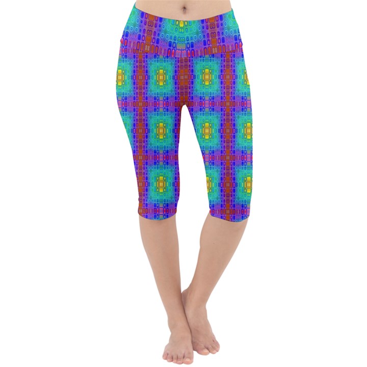 Groovy Green Orange Blue Yellow Square Pattern Lightweight Velour Cropped Yoga Leggings