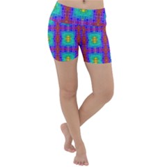 Groovy Green Orange Blue Yellow Square Pattern Lightweight Velour Yoga Shorts by BrightVibesDesign