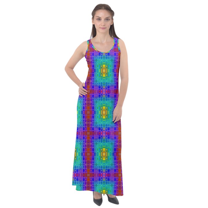 Groovy Green Orange Blue Yellow Square Pattern Sleeveless Velour Maxi Dress