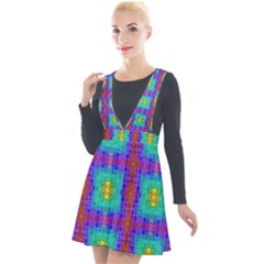 Groovy Green Orange Blue Yellow Square Pattern Plunge Pinafore Velour Dress by BrightVibesDesign