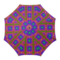 Groovy Purple Green Pink Square Pattern Golf Umbrellas by BrightVibesDesign