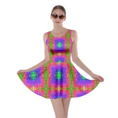 Groovy Purple Green Pink Square Pattern Skater Dress by BrightVibesDesign