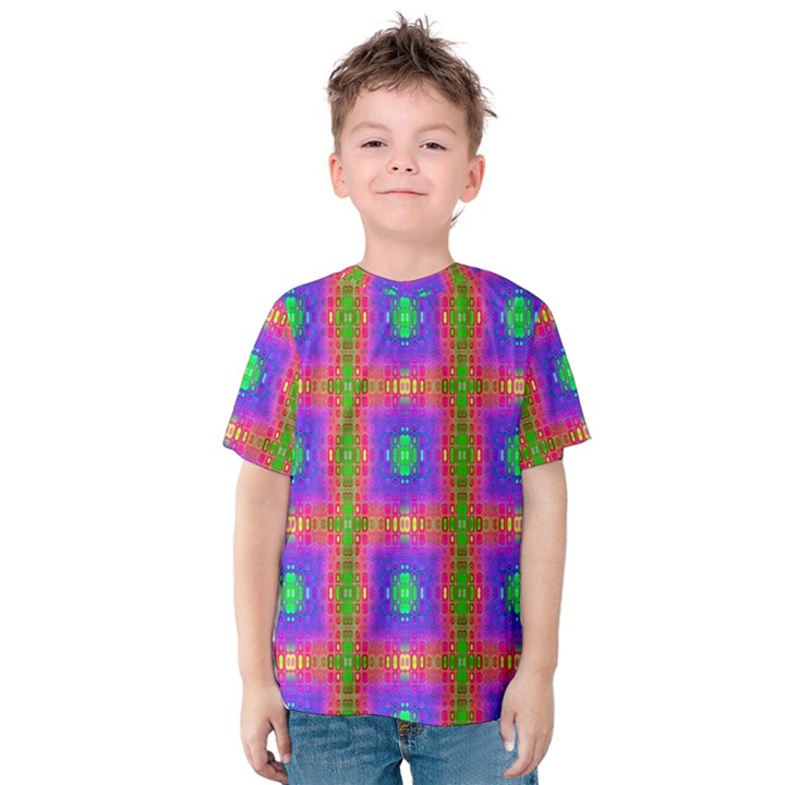 Groovy Purple Green Pink Square Pattern Kids  Cotton Tee