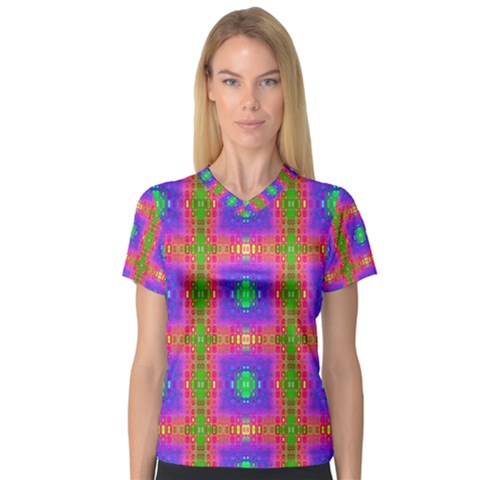 Groovy Purple Green Pink Square Pattern V-neck Sport Mesh Tee by BrightVibesDesign