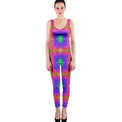 Groovy Purple Green Pink Square Pattern One Piece Catsuit by BrightVibesDesign