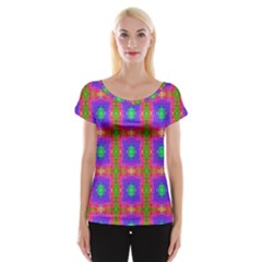 Groovy Purple Green Pink Square Pattern Cap Sleeve Top by BrightVibesDesign