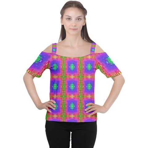 Groovy Purple Green Pink Square Pattern Cutout Shoulder Tee by BrightVibesDesign