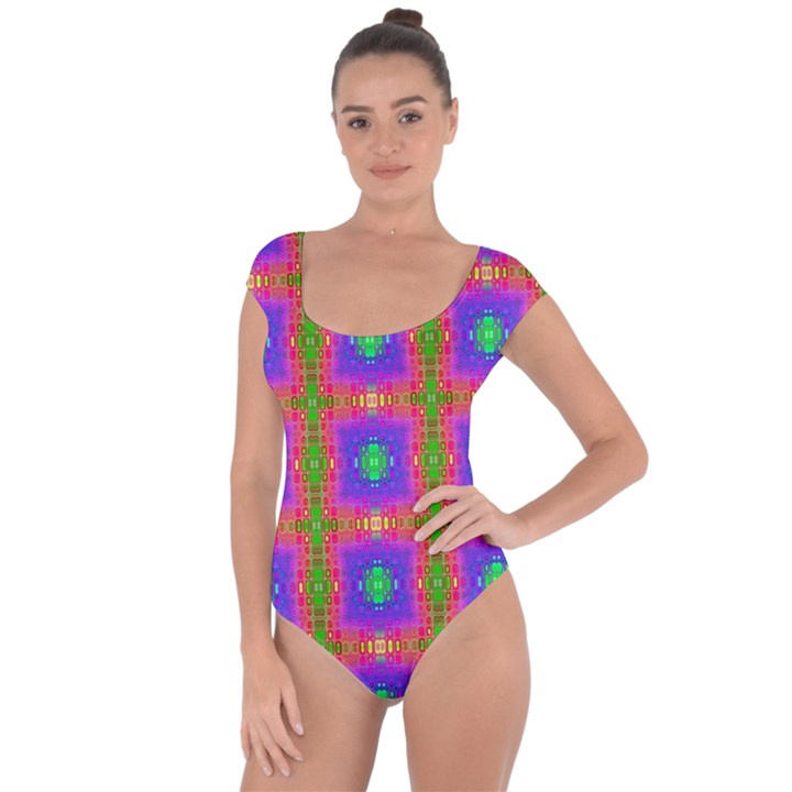 Groovy Purple Green Pink Square Pattern Short Sleeve Leotard 