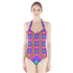 Groovy Purple Green Pink Square Pattern Halter Swimsuit by BrightVibesDesign