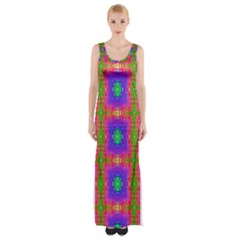 Groovy Purple Green Pink Square Pattern Maxi Thigh Split Dress by BrightVibesDesign