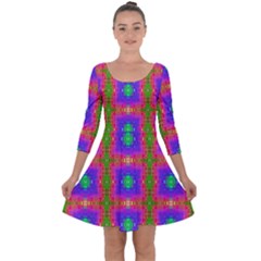 Groovy Purple Green Pink Square Pattern Quarter Sleeve Skater Dress by BrightVibesDesign